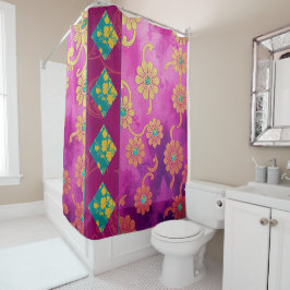 Floral turquesa rosa oriental - cortina de ducha