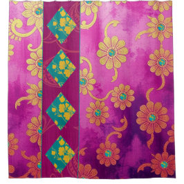 Floral turquesa rosa oriental - cortina de ducha