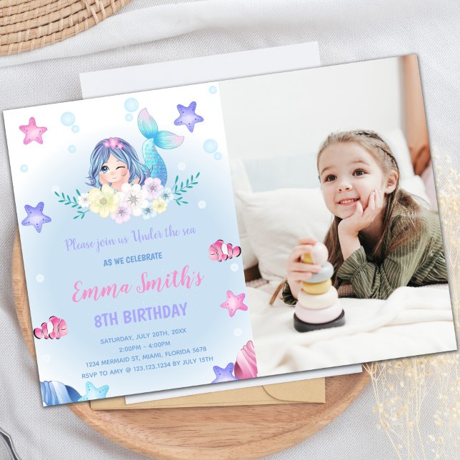 Floral Under the sea Mermaid Invitaciones con foto (Floral Under the sea Mermaid Invitations w Photo)