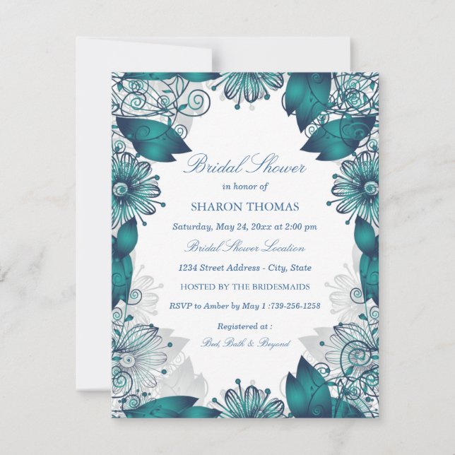 Floral verde azulada elegante | Invitación a la du (Anverso)