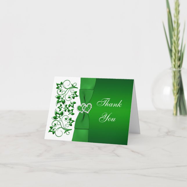 Floral verde, blanca, corazón Boda Gracias Tarjeta (Anverso)