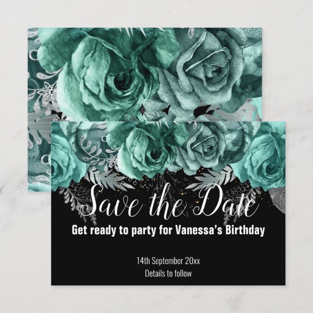 FLORAL VERDE GUARDAR LA TARJETA DE RSVP NEGRA (Anverso / Reverso)