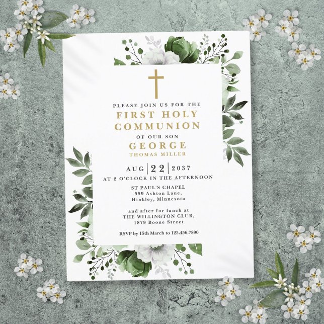 Floral verde oliva Primera Invitación de la Santa  (Olive Green Floral First Holy Communion Invitation Postcard)