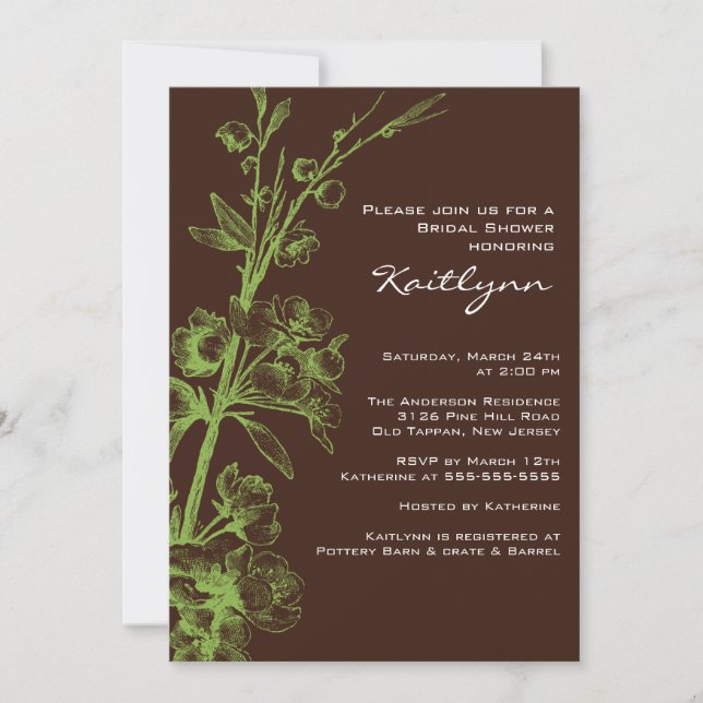 Floral verde sobre la invitación a la ducha marrón (Anverso)