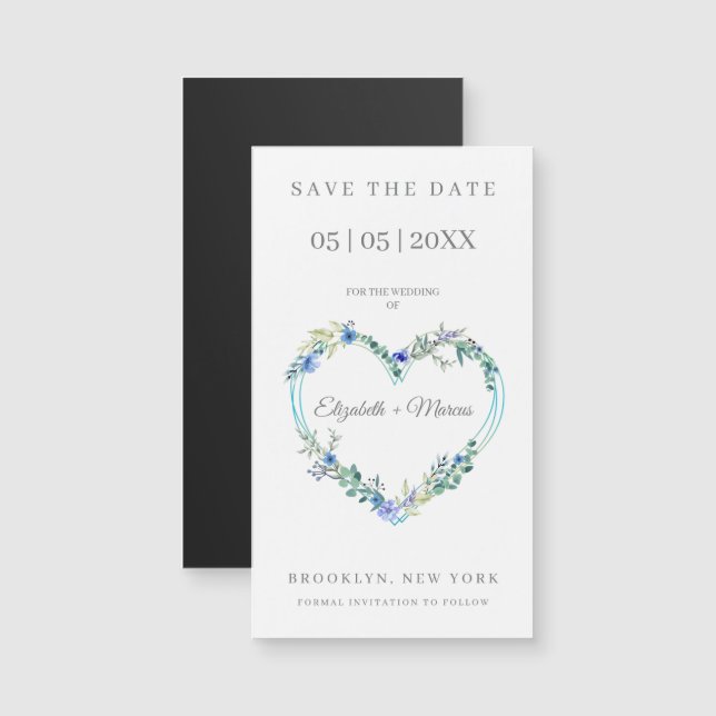 Floral Watercolor Heart with Leaves in Blue (Anverso/Reverso)