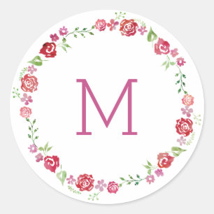 Floral Wreath con Rosas Monograma Pegatinas inicia