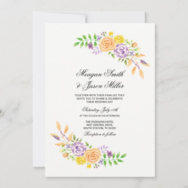 Florales Bodas Flores Invitaciones Peach Púrpura (Anverso)