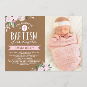 Florales en Kraft  Invitación al bautismo de la ni