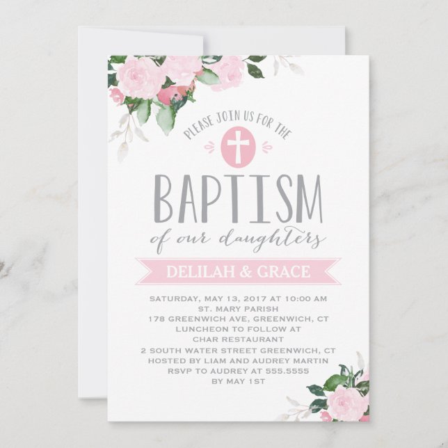 Florales | Invitación al bautismo de CHICAS gemelo (Anverso)