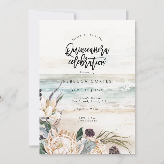 florals de playa Quinceanera Invitación a cumplir  (Anverso)
