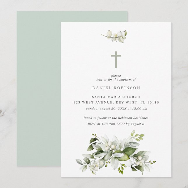 Florals Elegant Greenery Baptism Invitación (Anverso / Reverso)