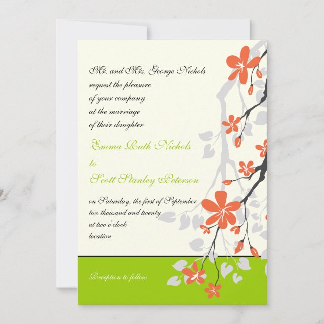 Florece la invitación anaranjada del boda de la (Anverso)