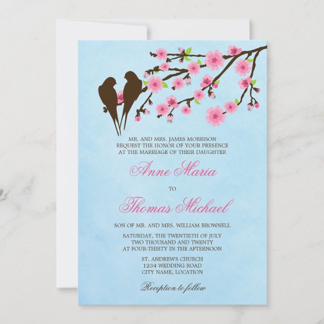 Florecimiento de cerezos y amor Aves Invitación a  (Anverso)