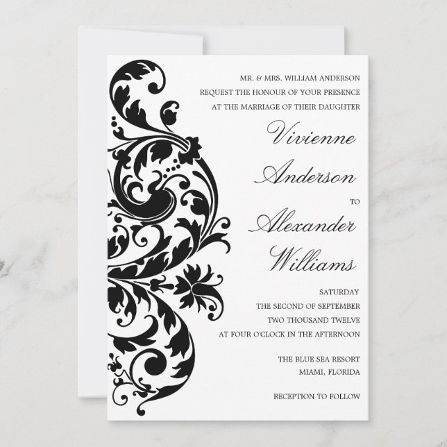 FLOREO NEGRO Y BLANCO| INVITACIÓN DE BODA (Anverso)