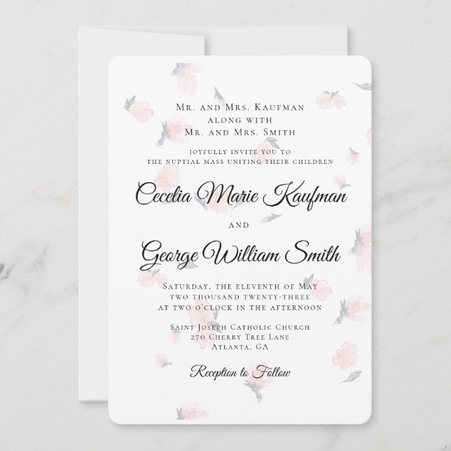 Flores acuarelas de la invitación a la boda católi (Anverso)