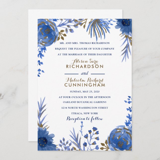 Flores acuarelas de oro azul Invitación a la boda (Anverso / Reverso)