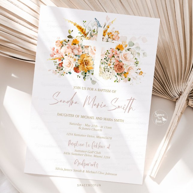 Flores acuarelas e invitación al bautismo de oro (baptism invitation, watercolor flowers, gold baptism invitation, christening invitation, floral bapt)