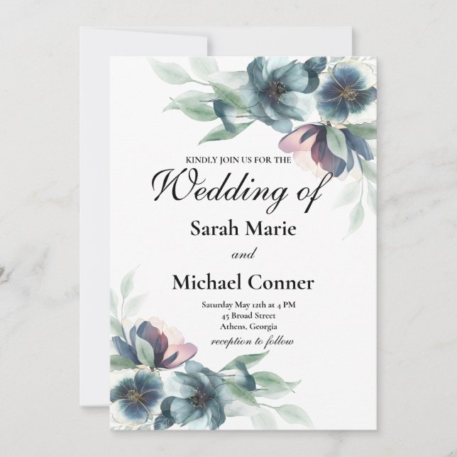 Flores acuarelas Invitación a la boda (Anverso)