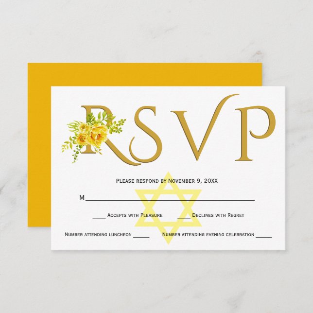 Flores acuáticas amarillas B' Not Mitzvah RSVP (Anverso / Reverso)