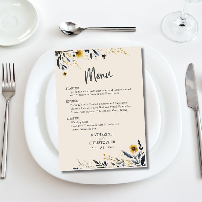 Flores acuáticas Flores silvestres elegante menú B (Watercolor Floral Elegant Wedding Menu with meal choices and optional text on the back.)