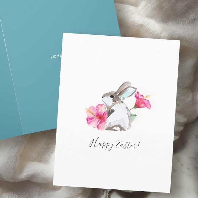 Flores acuáticas y tarjetas de Pascua para conejit (Easter cards watercolor bunny with pink hibiscus flowers by Victoria Grigaliunas of Do Tell A Belle)