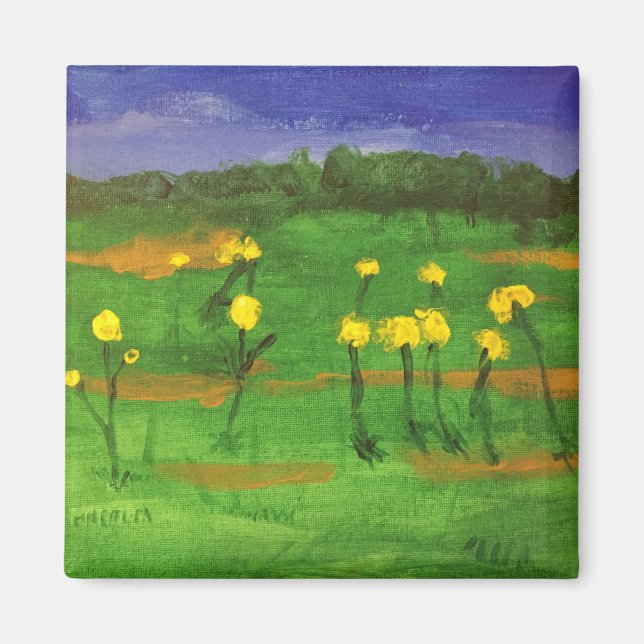 Flores amarillas en el imán de pintura de campo (Frente)
