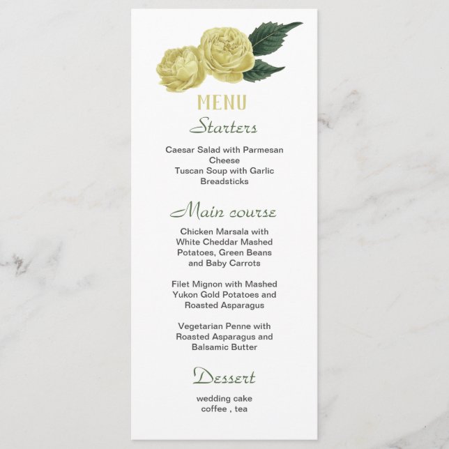 flores amarillas hojas verdes menú boda (Anverso)