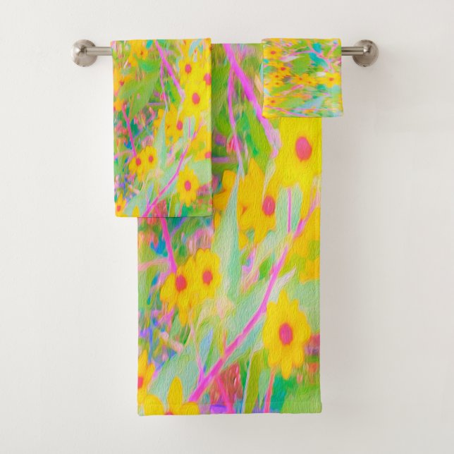 Flores amarillas y rojas bonito con azul turquesa (In situ)