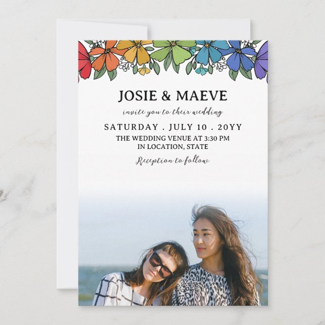 Flores arcoiris 2 en 1 Invitación a una boda fotog (Anverso)