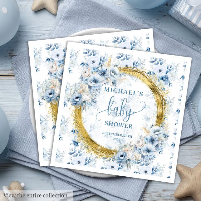 Flores azul pastel dorado bebe ducha servilleta (Dainty pastel blue flowers gold baby shower napkins)