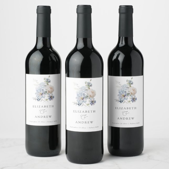 Flores azul turbias etiqueta de vino Boda moderna (Botellas)