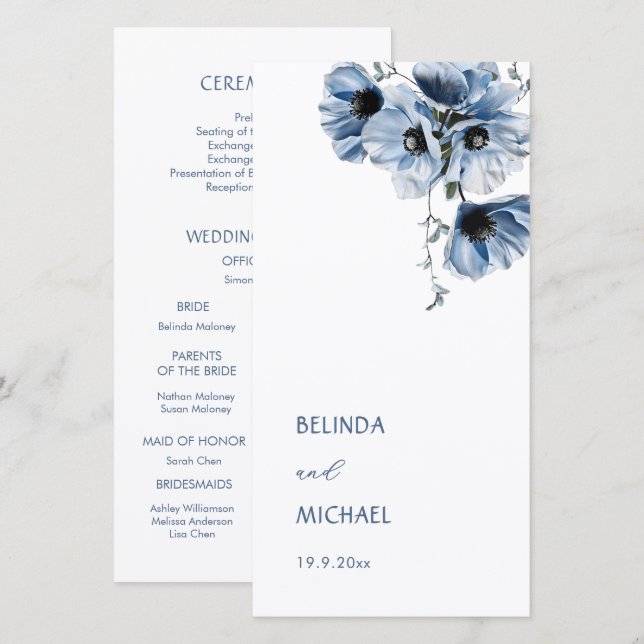Flores Azules Artísticas | Programa de Boda (Anverso / Reverso)