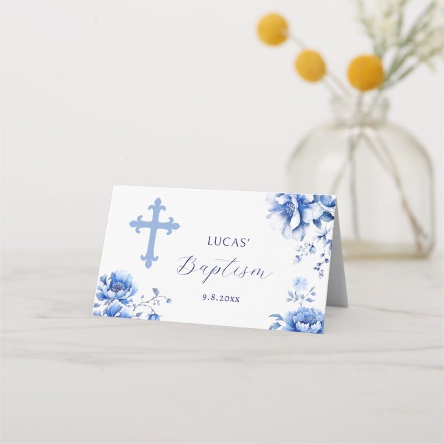 Flores azules Baptism Doble tarjeta de lugar (Reverso)