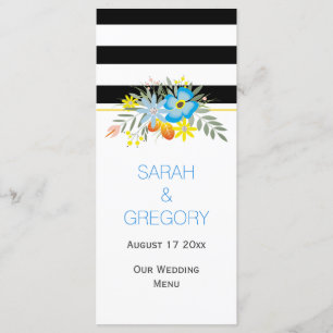 Flores azules blancas negras tarjeta de menú boda 
