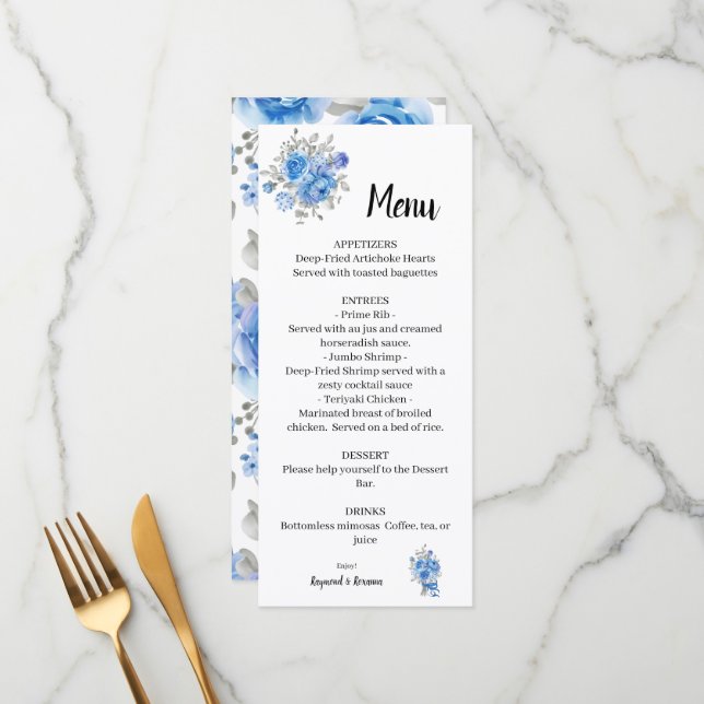 Flores azules Boda Bridal Shower Menu (Anverso/Reverso In Situ)