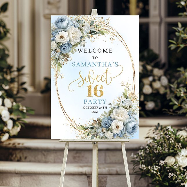 Flores Azules Bohemian Light Dulces 16 Póster (Bohemian Light Blue Flowers Sweet 16 Poster)