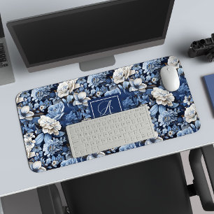 Flores Azules Chic Alfombrilla de Escritorio con E
