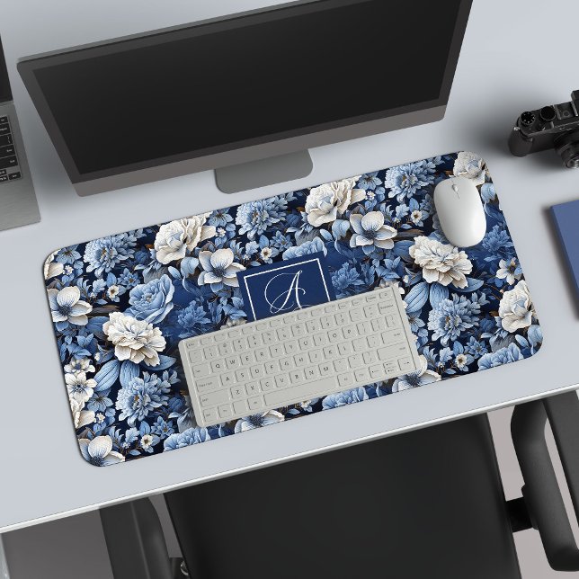 Flores Azules Chic Alfombrilla de Escritorio con E (Chic Navy Blue Flowers Stylish Desk Mat)