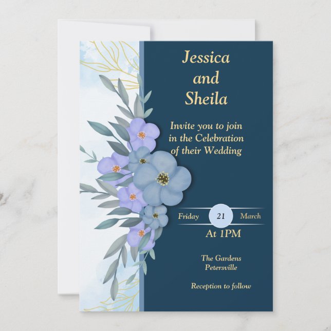 Flores azules clásicas Invitación a la boda, (Anverso)