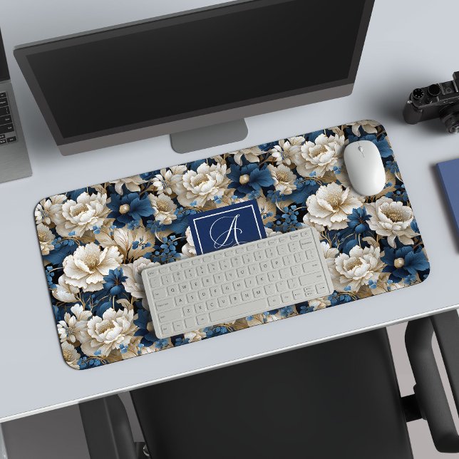 Flores Azules de Diseñador Alfombrilla de Escritor (Designer Blue Flowers Personalized Desk Mat)
