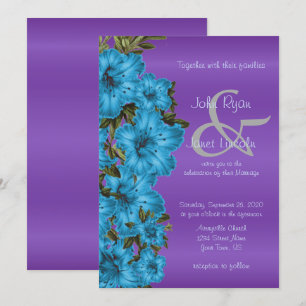 Flores azules e invitaciones a la boda de satén mo