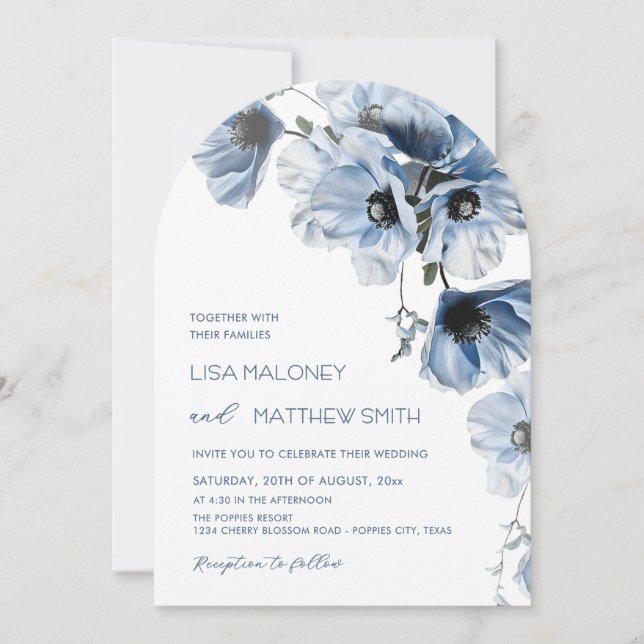Flores Azules Invitación de Boda Blanca (Anverso)