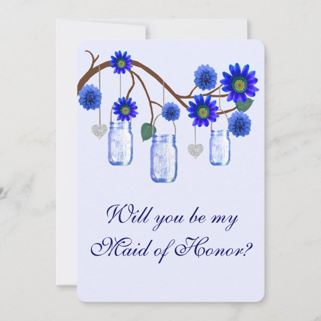 Flores Azules Mason Jars Tarjeta de Dama de Honor (Anverso)