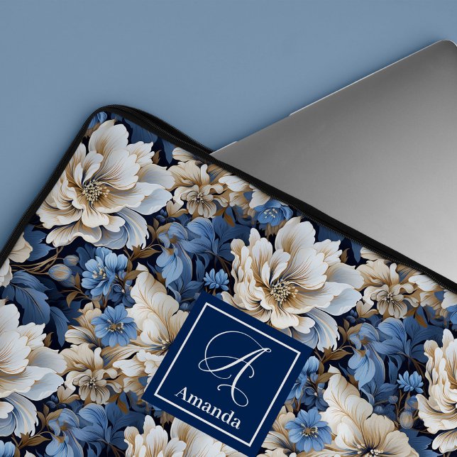 Flores Azules Modernas Funda para Portátil con Flo (Modern Blue Flowers Elegant Floral Laptop Sleeve Case)