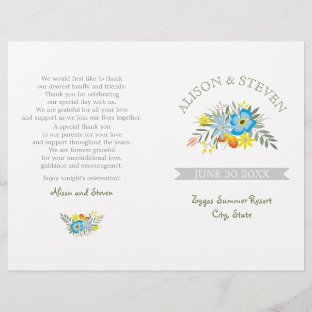 Flores azules programa de boda floral moderno (Anverso)