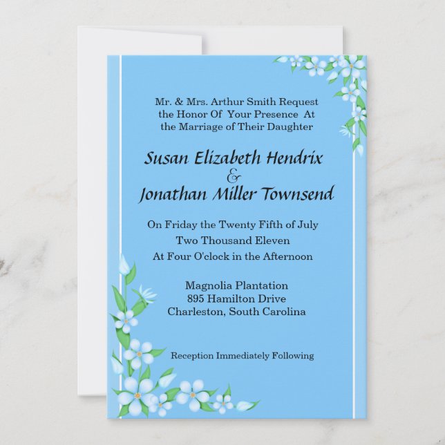 Flores azules que casan invitaciones (Anverso)