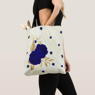 Flores azules reales oro hojas de mármol bolsa de