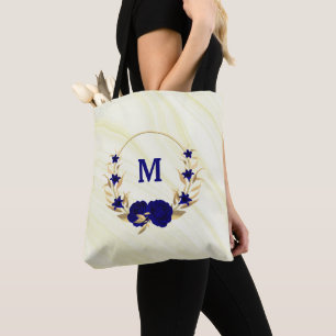 Flores azules reales oro hojas de mármol bolsa de