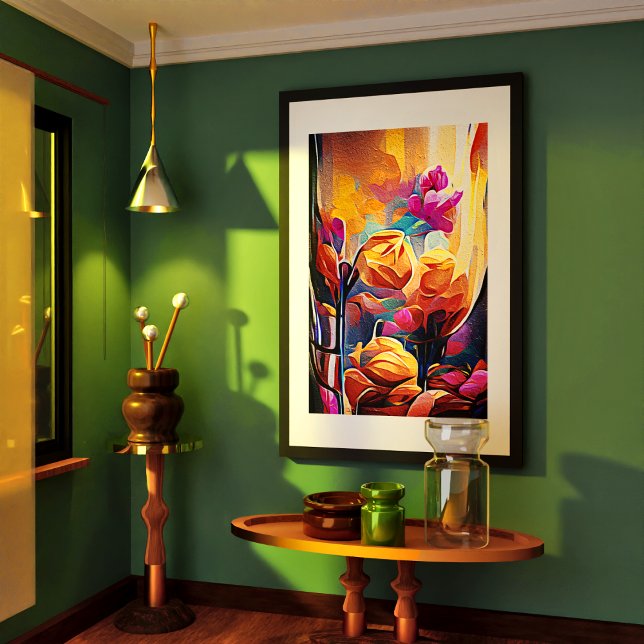 Flores azules rojas Naranja de arte Abstracto flor (Floral Abstract Art Orange Red Blue Flowers Poster)