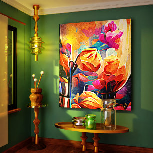 Flores azules rojas Naranja de arte Abstracto flor